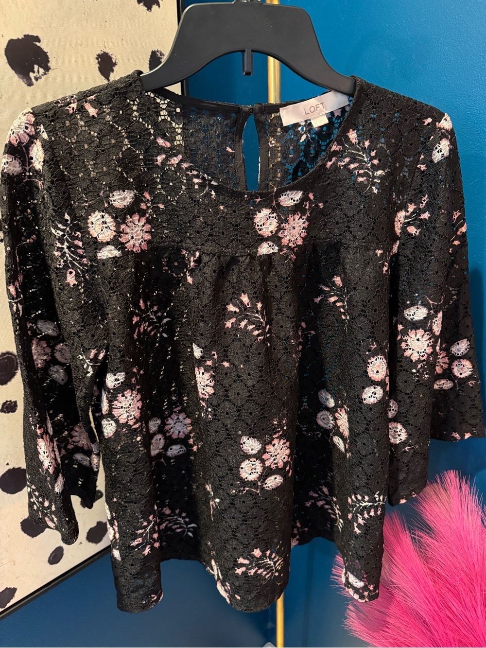 LOFT Black Lace Blouse with Pink and White Floral Print